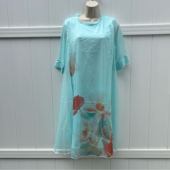 Japanese OZOC Sheer Kaftan Dress Robin’s Egg Blue Floral Dress | Size XL US 12 - Picture 1 of 8
